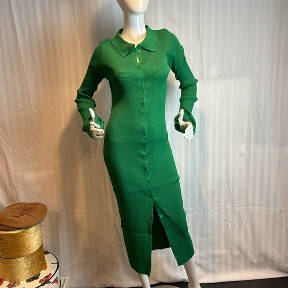 Micas Green Rib Knitted Collared Button Strips Flared Dress Size Large RefI027 - Picture 12 of 17